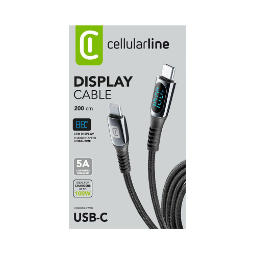 CELLULAR LINE 456145 USB Καλώδιο Συγχρονισμού και Φόρτισης Type-C (2m) με Οθόνη Μαύρο