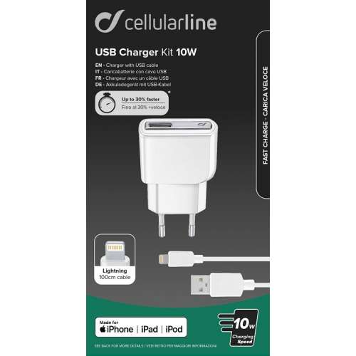 CELLULAR LINE 226878 Σετ Φορτιστής για iPhone με Θύρα USB-A και Καλώδιο Lightning 10W Λευκό