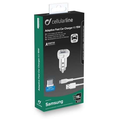 CELLULAR LINE 303951 Σετ Φορτιστής Αυτοκινήτου για Samsung με θύρα USB και Καλώδιο Type-C 15W Λευκός