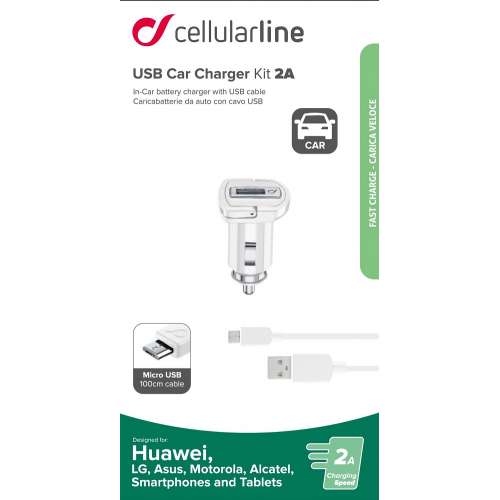 CELLULAR LINE 226397 Σετ Φορτιστής Αυτοκινήτου για Huawei με θύρα USB και Καλώδιο microUSB 2A Λευκός