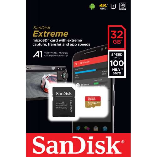 SanDisk Extreme microSDHC 32GB + SD Adapter 100MB/s V30 UHS-I U3 A1