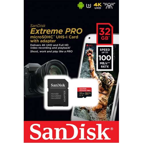 SanDisk Extreme PRO microSDHC 32GB + SD Adapter 100MB/s V30 UHS-I U3 A1